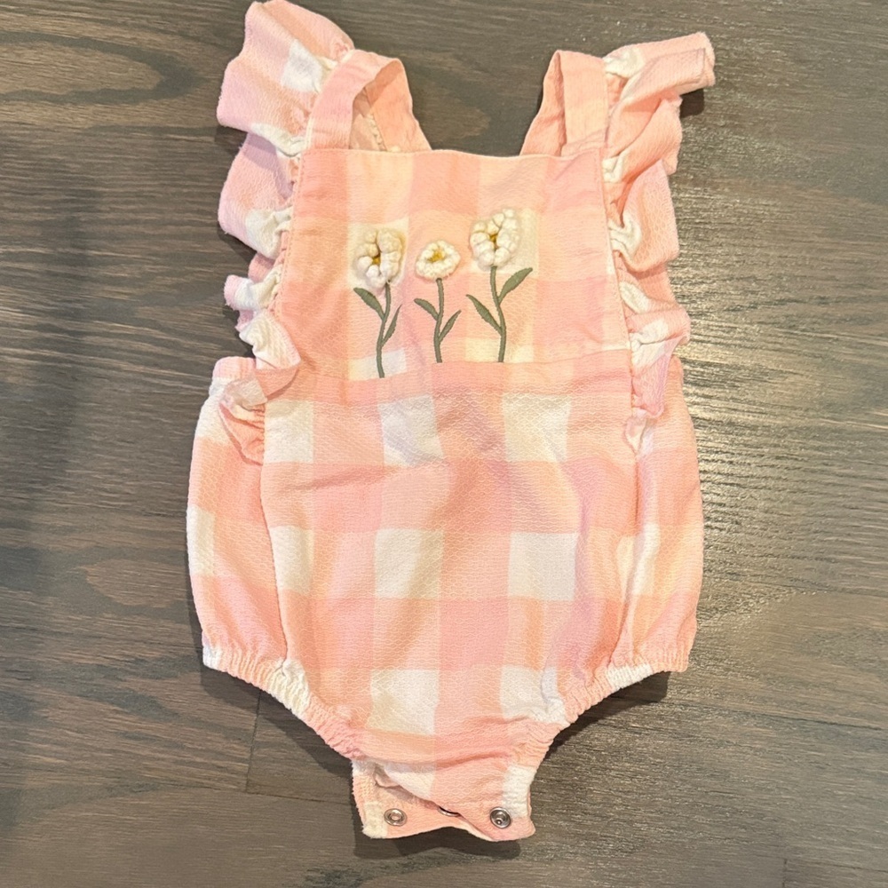 Mud Pie Pink Checkered Daisy Criss Cross Back One Piece Romper